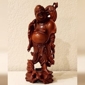 Handcarved Rosewood Chinese Happy Buddha Teeth Eyes Figural Statue, 12", Antique
